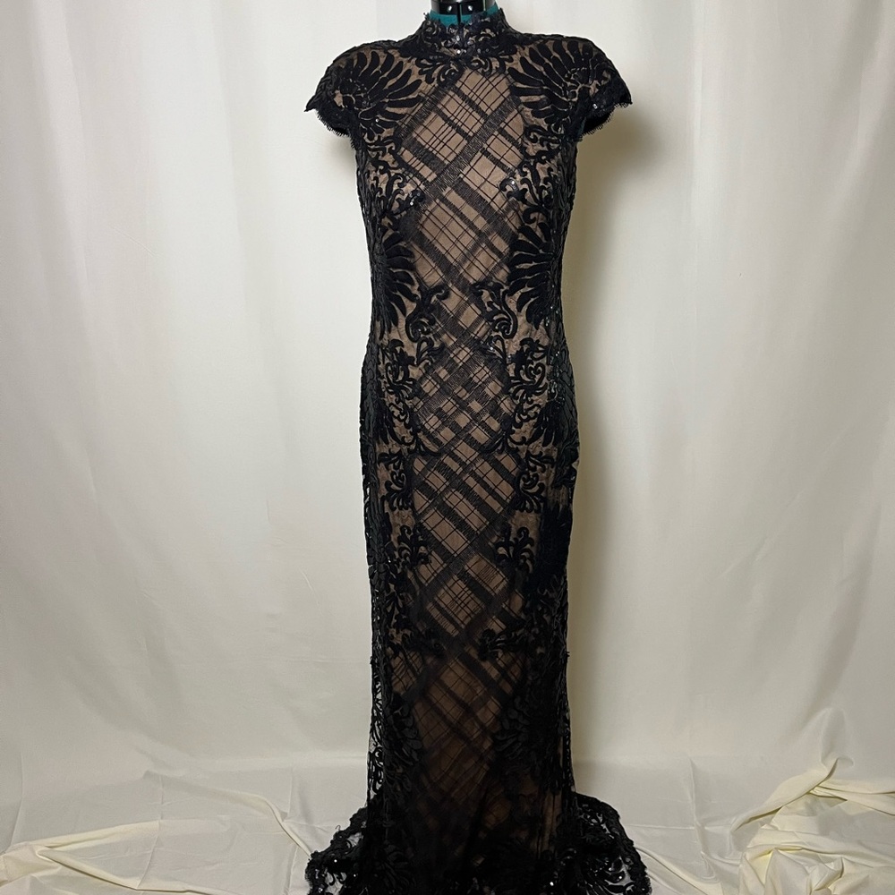 Tadashi Shoji Black Lace High-Neck Maxi Gown